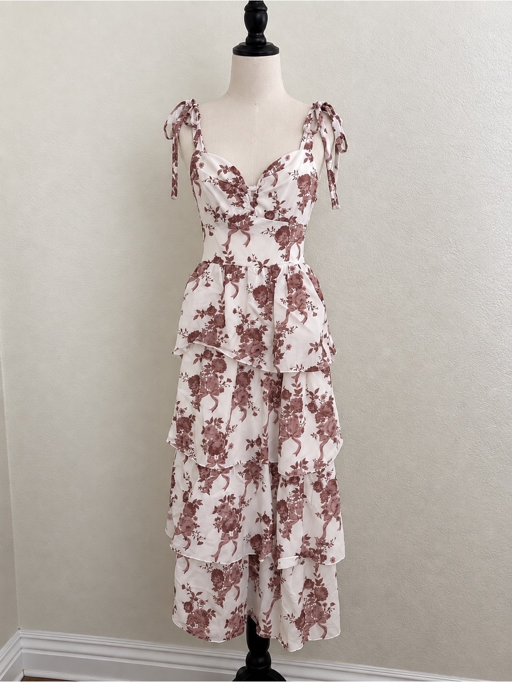 Crystal Doll White Maxi Dress with Mauve Floral Print